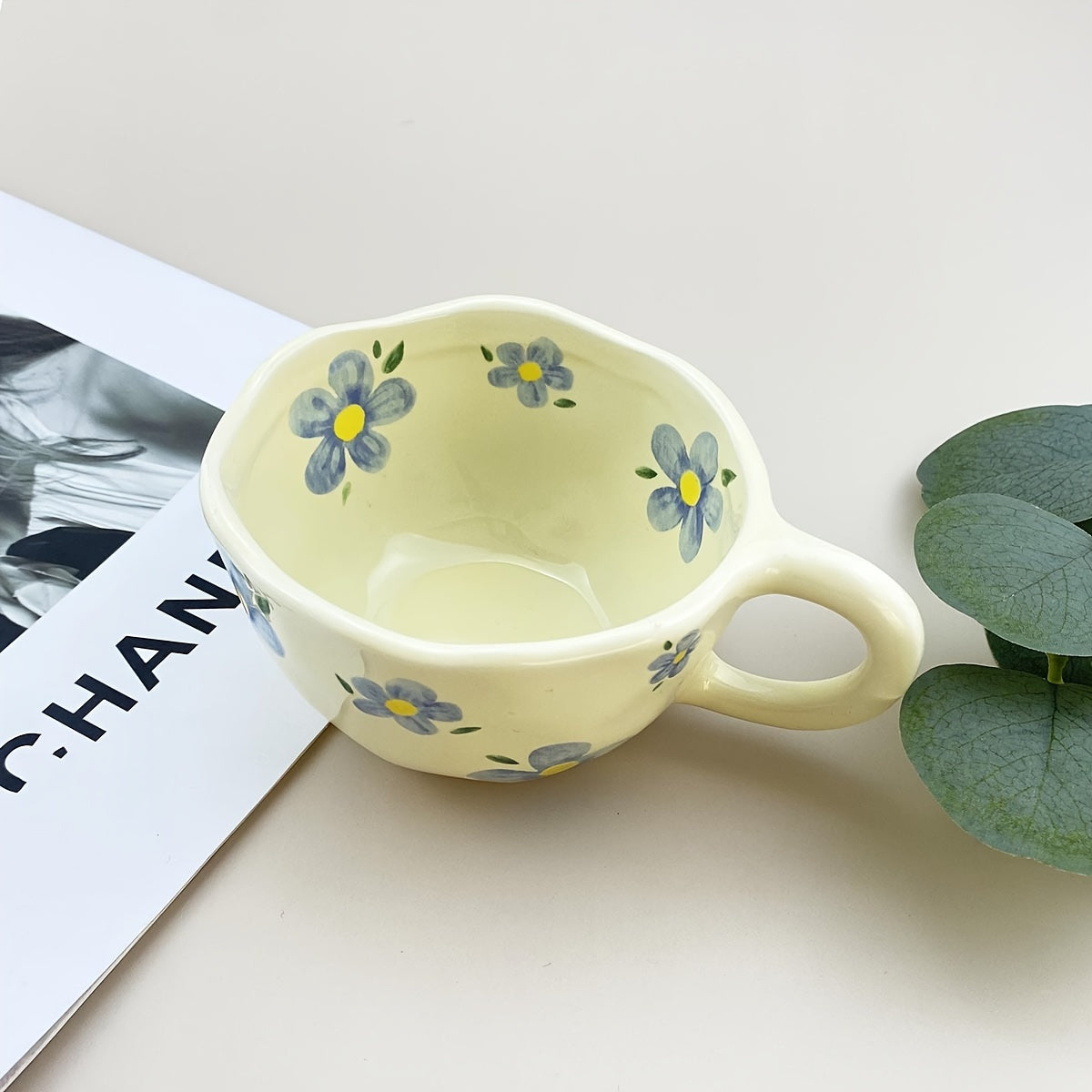 1pc Flowers Pattern Ceramic Mug Coffee Cup Irregular Flower Milk Tea Cup Korean Style Oatmeal Breakfast Mug Drinkware