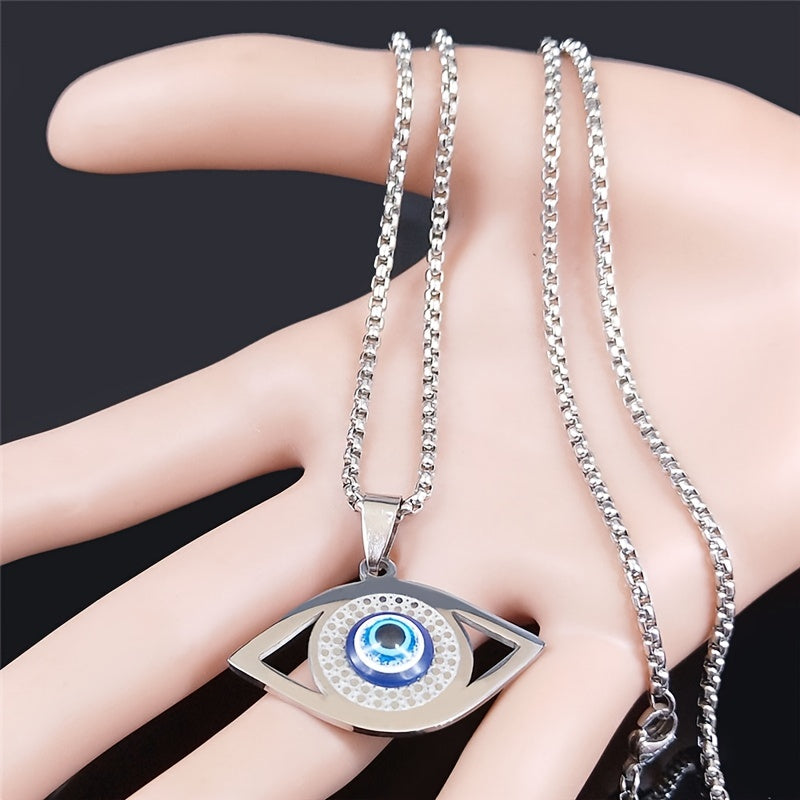 Hamsa Evil Blue Eye Necklace Stainless Steel Turkish Eye Necklace Greek Jewelry Ojo Turco Acero Inoxidable