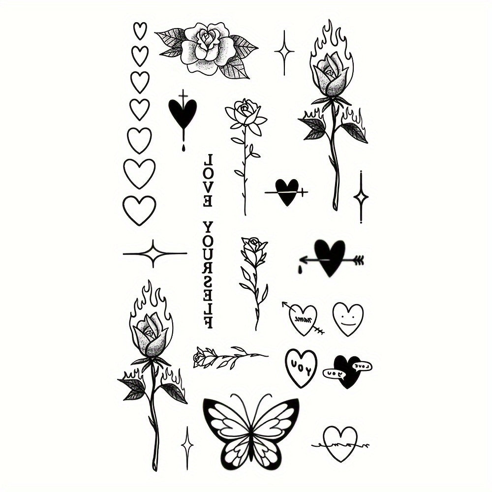 Finger Tattoo Waterproof Temporary Tattoo Sticker Rose Flower Flame Thorn Love Arrow Butterfly Cute Text Totem Body Art Arm Fake Tattoos for Women Men Neck Wrist