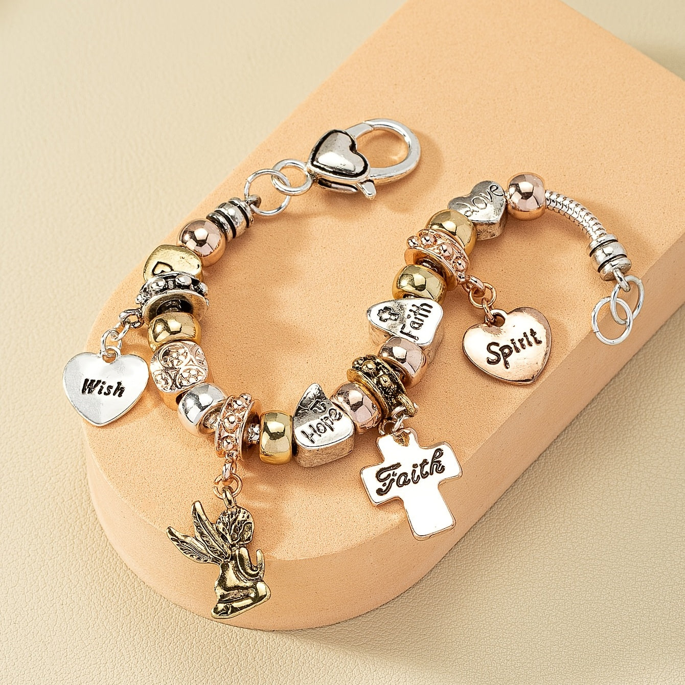 Snake Chain Beaded Bracelet Cross & Love Heart Etc Shape Pendant Sweet Alloy Bracelet For Women