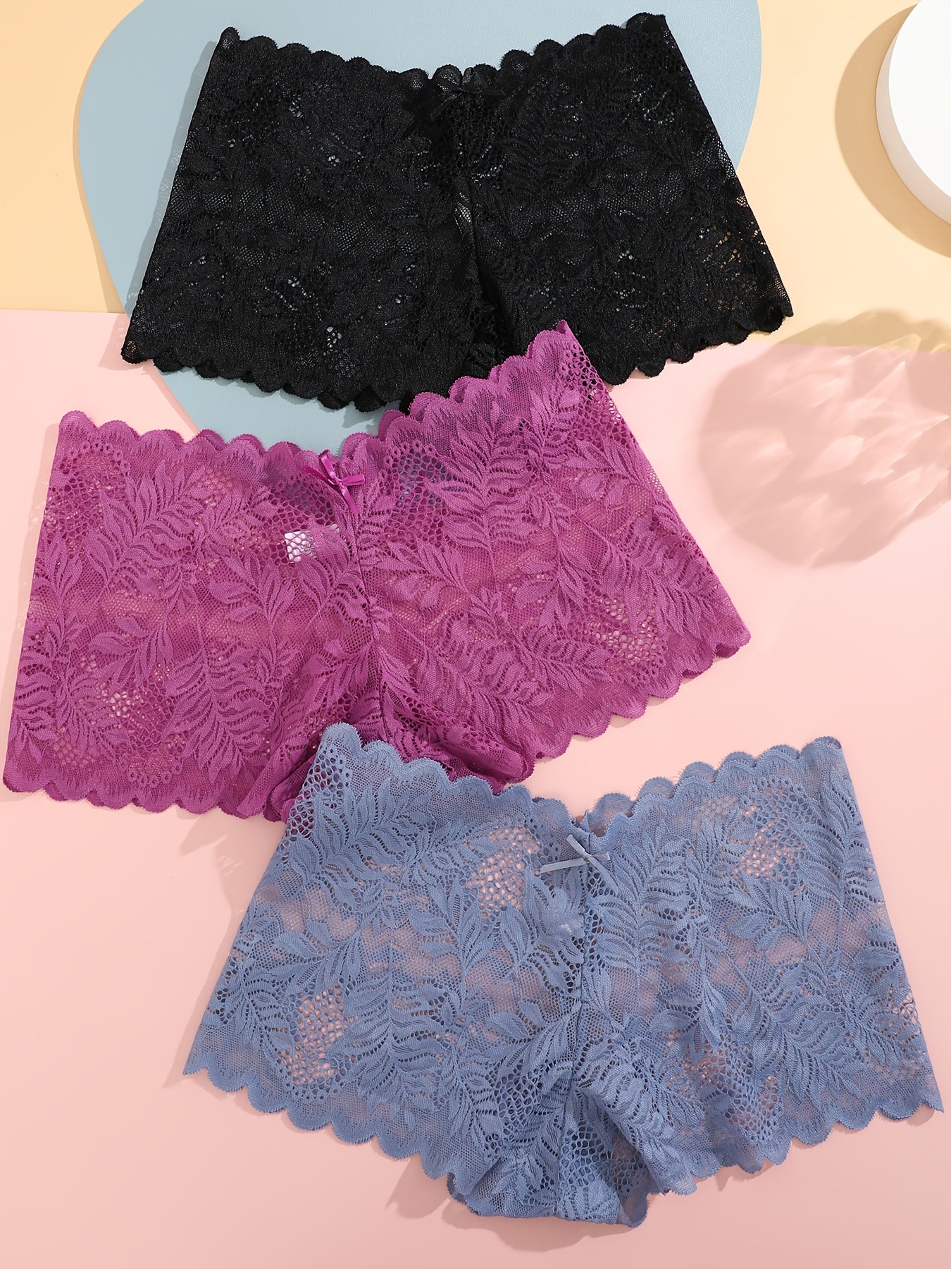 3pcs FINETOO Women's Sexy Low-Rise Lace Boyshort Panties - Breathable, Stretchy Nylon Blend with Floral Pattern, Scalloped Trim in Black, White, & Pinkish-Beige