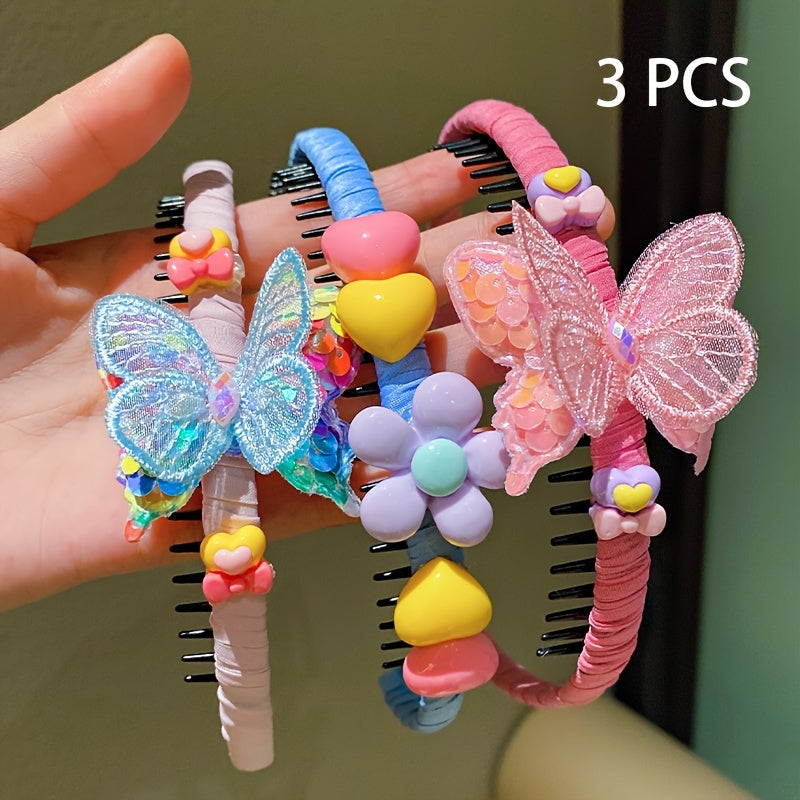 LEMON LOVEO 3pcs Sweet Butterfly & Flower Hairbands - Non-Slip, Colorful Resin & Fabric, All-Season Versatility for Girls