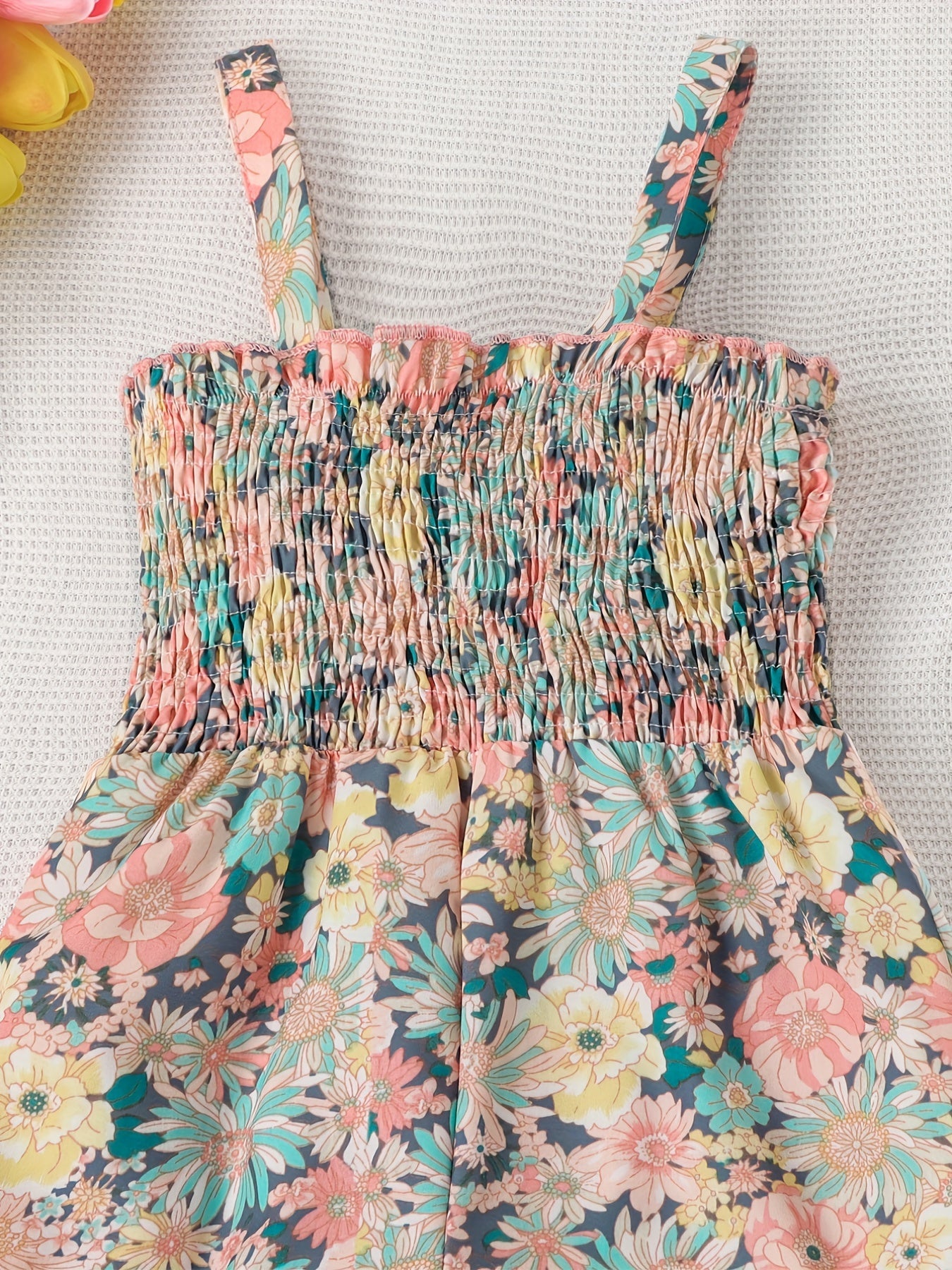[Boho Flower Jumpsuit] Boho Flower Print Girls Shirred Cami Jumpsuit | For Going Out Party Holiday Kids Summer Clothes