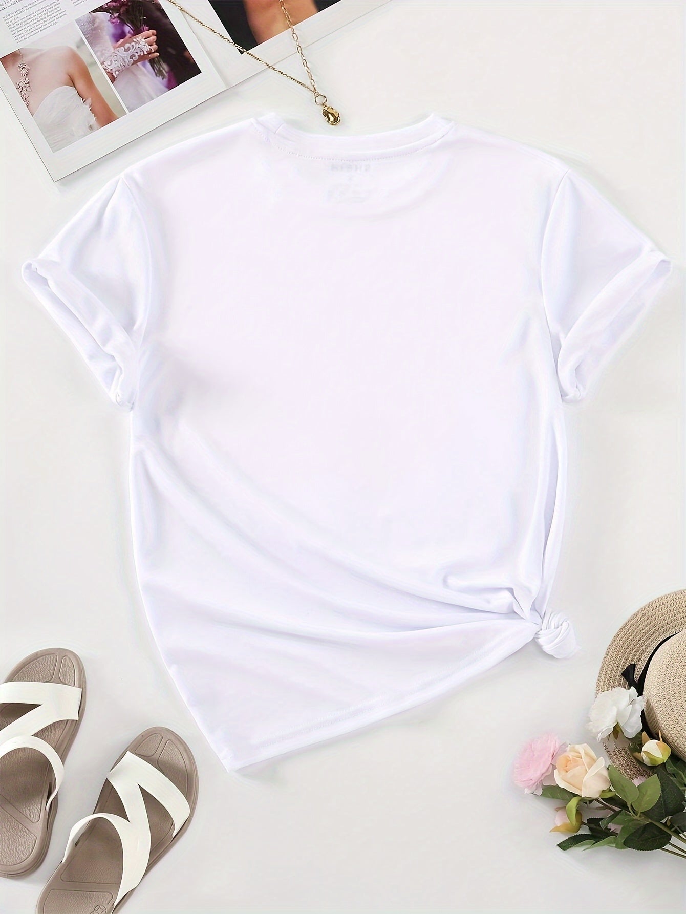 Cute Flower & Letter Print Casual T-shirt, Crew Neck Short Sleeve Top For Spring & Summer, Women's Clothing