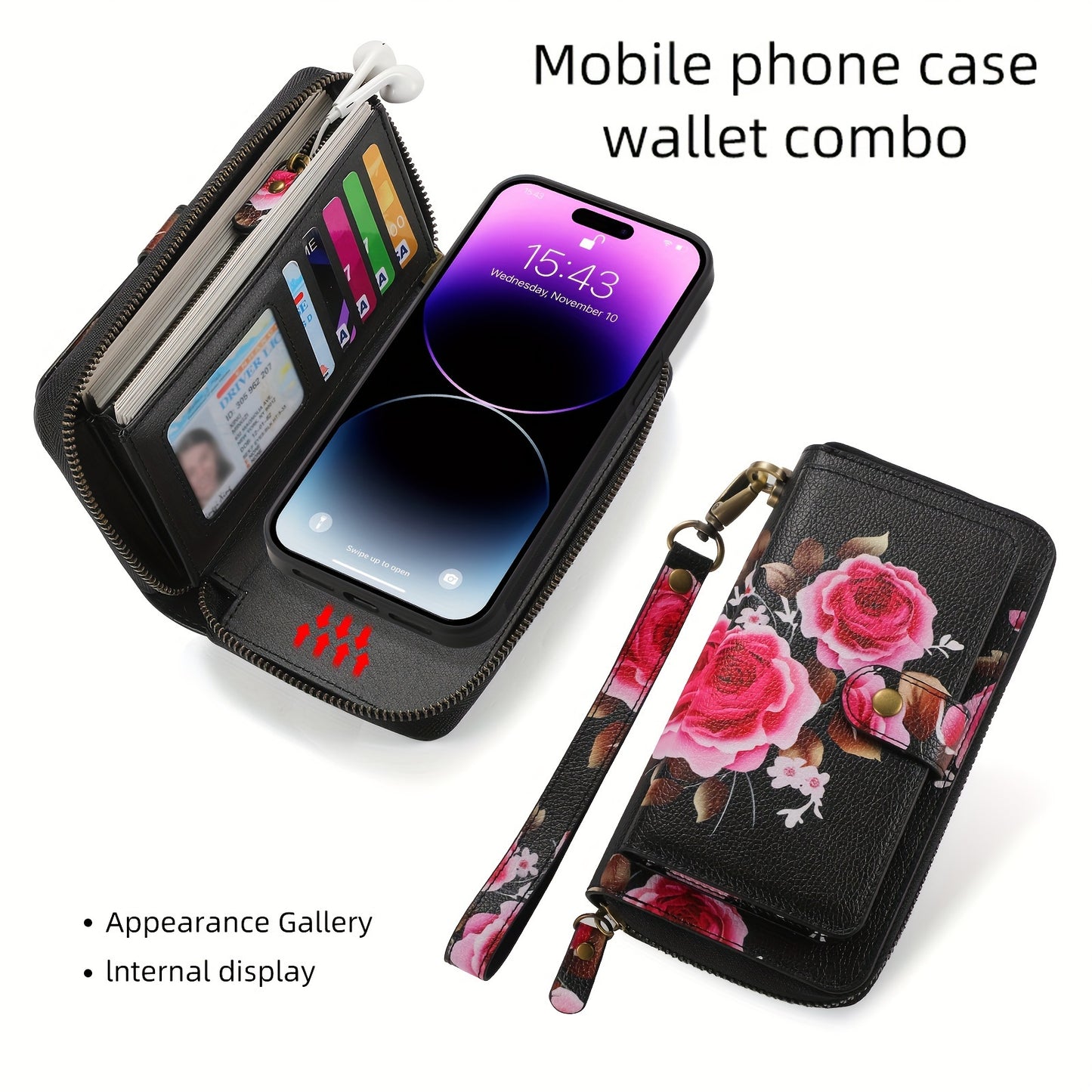 Flower Pattern PU Leather Zipper Handbag Fashion Large Capacity Long Wallet Clutch Bag Phone Bag Multi-card Card Holder Coin Purse Wallet