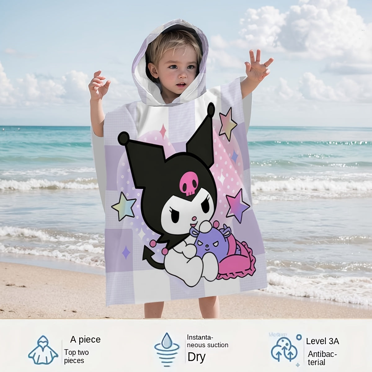 1pc Sanrio Kuromi Adult & Wearable Beach Towel with Kuromi Face Hood - Quick-Dry Microfiber Bath Robe, Cute Kuromi Print for Pool, Bath, Travel - Officially Inspired Sanrio Character Outfit