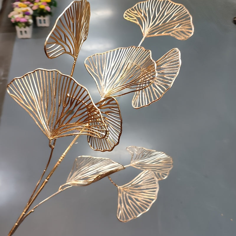 5pcs Golden Artificial Ginkgo Leaves Stems - Realistic Fake Plant Leaf Simulation for Vase Filler, Home Garden Wedding Decor, Winter Xmas Christmas Home Table Decor, Spring Chinese New Year Decor, DIY Craft Project, and Seaso