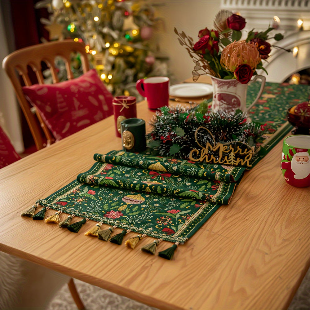 Rectangular Woven Polyester Blend Christmas Table Runner with Tassels - Festive Plant and Flower Pattern, Holiday Party Dining Decor