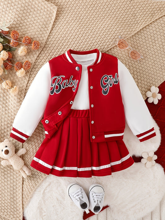 Preppy Style Girls 2pcs BABY GIRL Print Baseball Jacket + Pleated Skirt Outdoor Set For Party Sports Gift