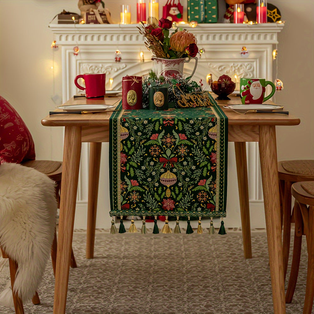 Rectangular Woven Polyester Blend Christmas Table Runner with Tassels - Festive Plant and Flower Pattern, Holiday Party Dining Decor