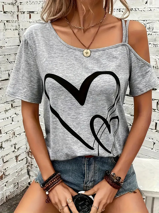 Heart Print Cold Shoulder T-shirt
