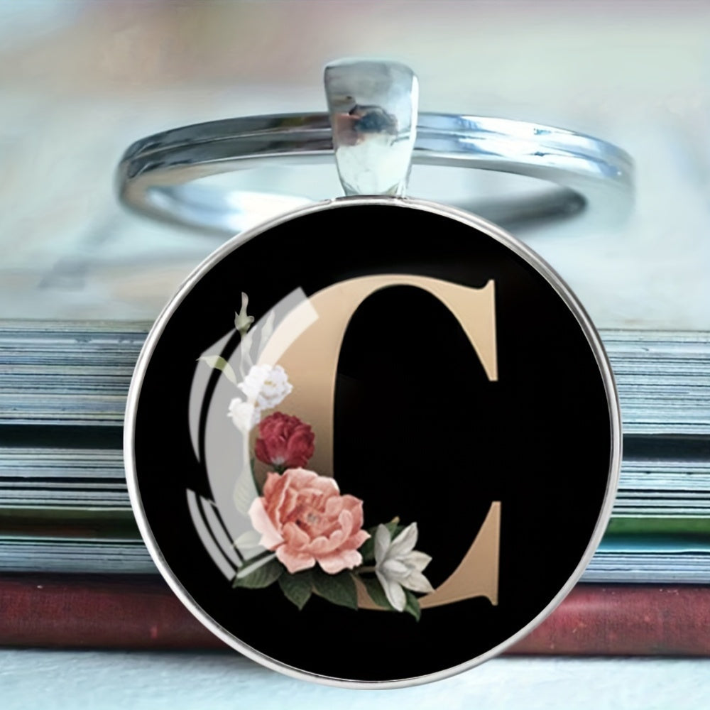 1pc Elegant Floral Alphabet Glass Keychain, Round Character-Themed Alloy Keyring, Romantic Collegiate Style Accessory, Ideal for Birthday, Anniversary, Graduation, Bridal Shower Gifts, and Festive Occasions - Christmas, Hallo