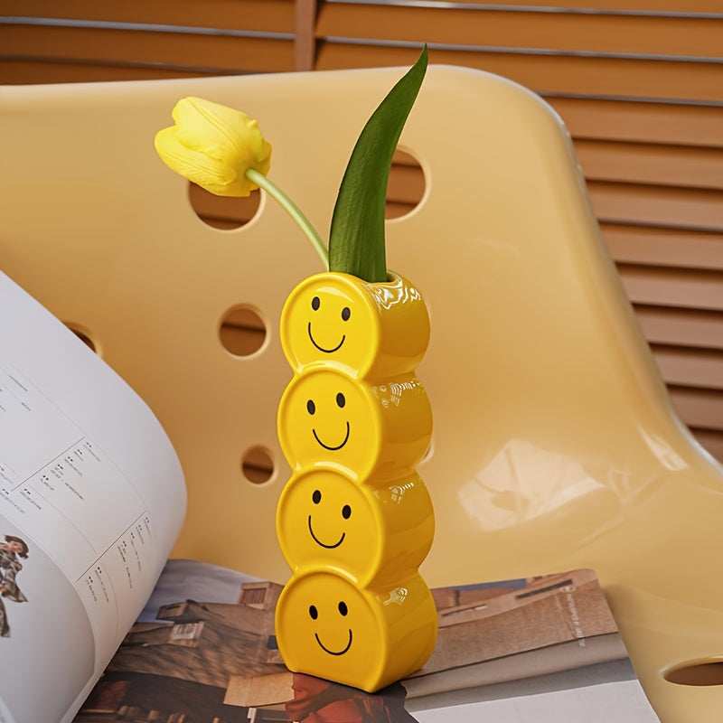 1pc Whimsical Ceramic Happy Face Bud Vase - Art Deco Cartoon Patterned, Round Shape, Boho Chic Centerpiece - Perfect for Wedding, Party, Living Room, Office, Bedroom Decor, Aesthetic Flower Holder, Unique Gift Idea