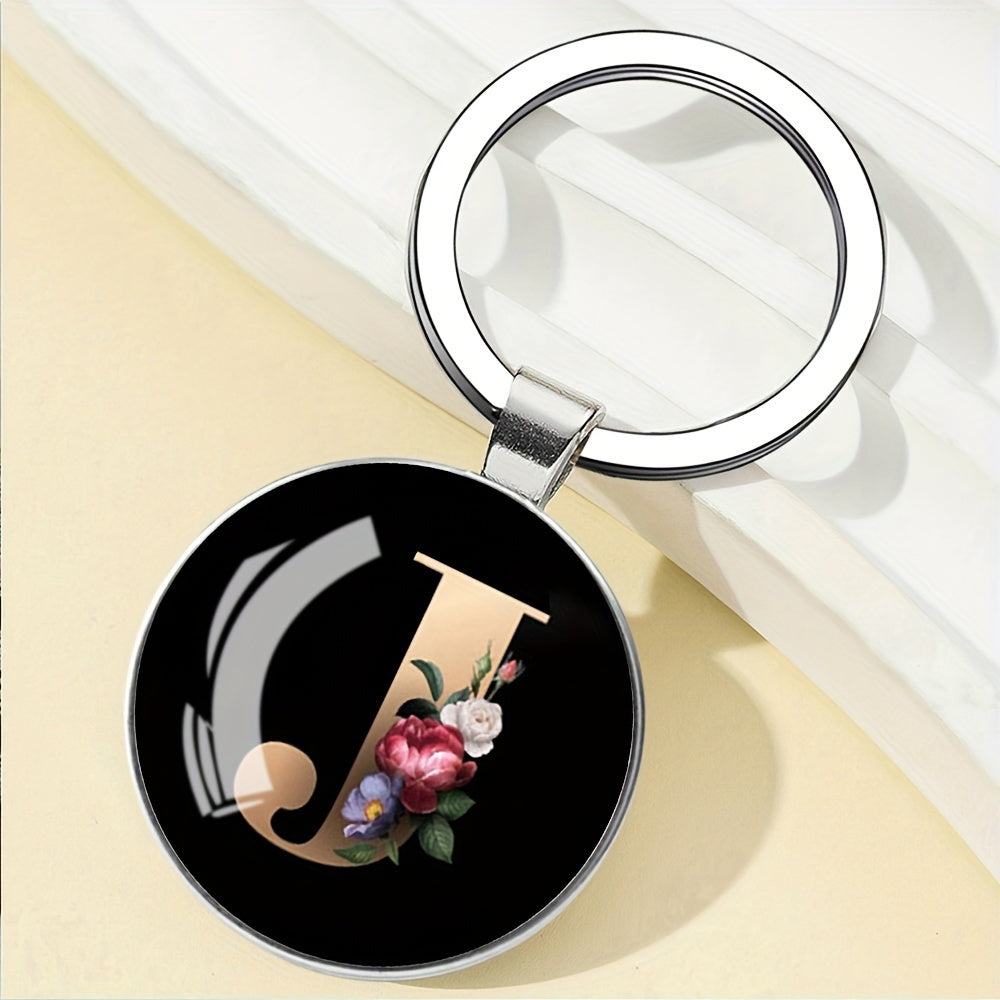 1pc Elegant Floral Alphabet Glass Keychain, Round Character-Themed Alloy Keyring, Romantic Collegiate Style Accessory, Ideal for Birthday, Anniversary, Graduation, Bridal Shower Gifts, and Festive Occasions - Christmas, Hallo