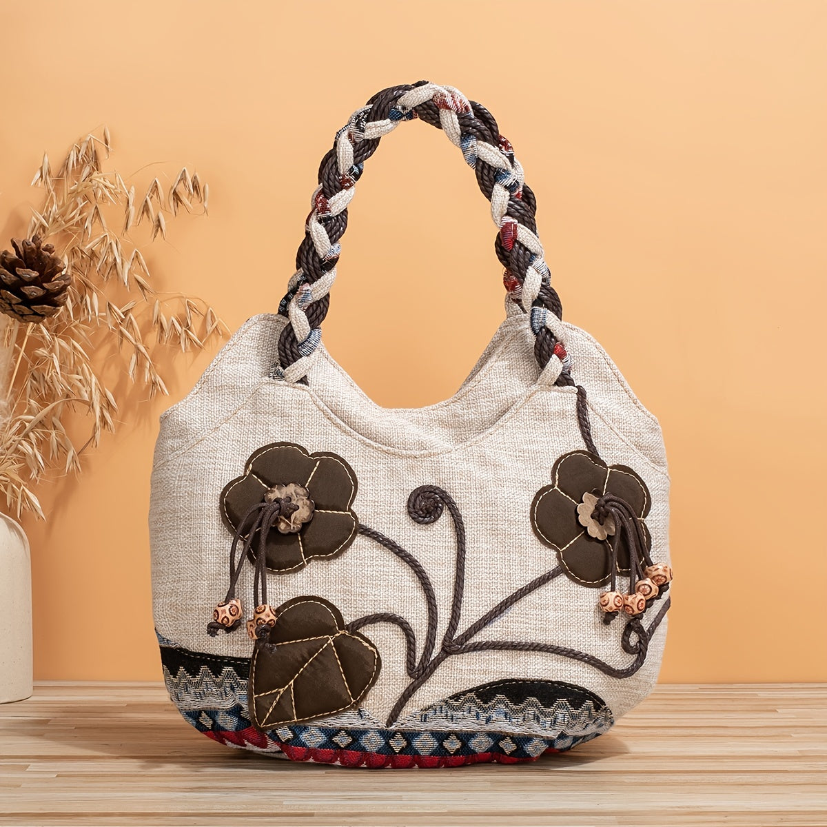 Foldable Zipper Closure Bohemian Style Handmade Flower Tote Bag - Fixed Shoulder Strap, with Wristlet, for Vacation
