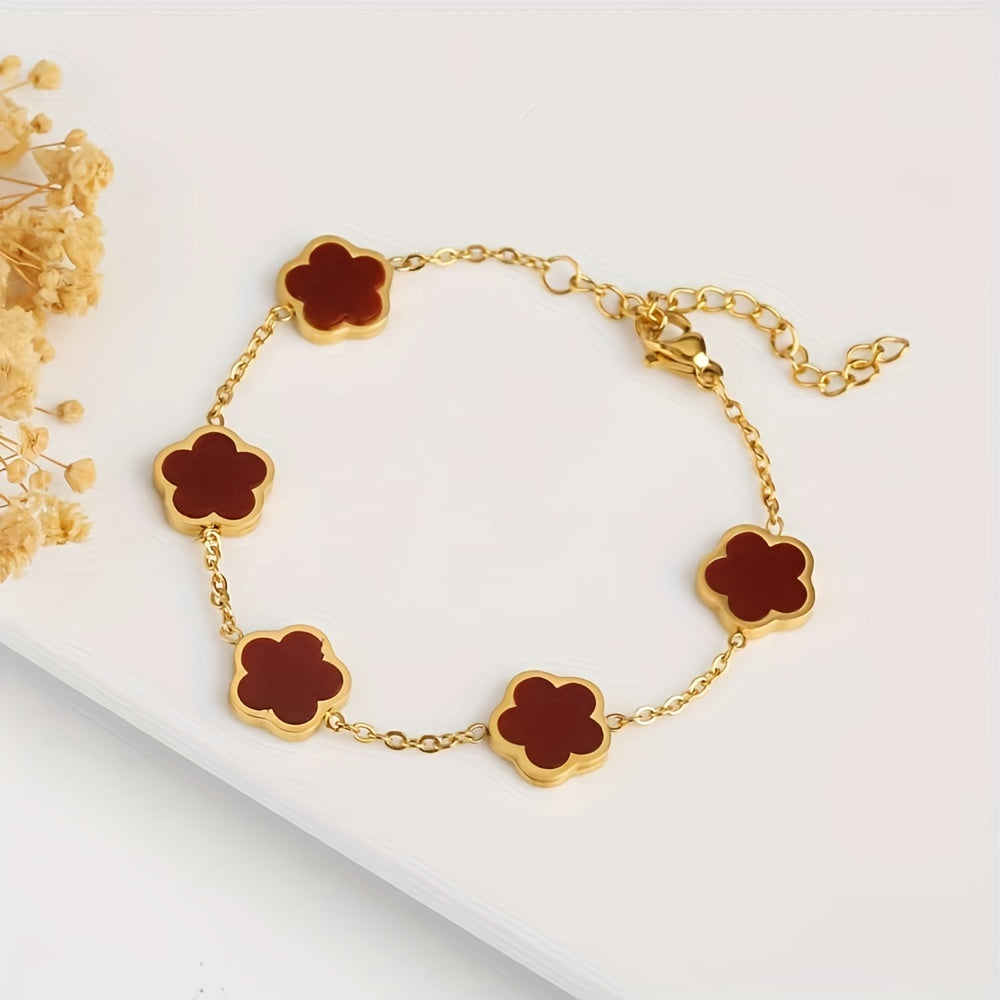 18K Gold Plated Flower Design Stainless Steel Bracelet, Elegant Floral Style Hand Decor Bracelet Jewelry Gift