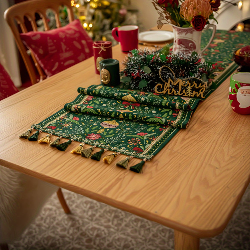 Rectangular Woven Polyester Blend Christmas Table Runner with Tassels - Festive Plant and Flower Pattern, Holiday Party Dining Decor