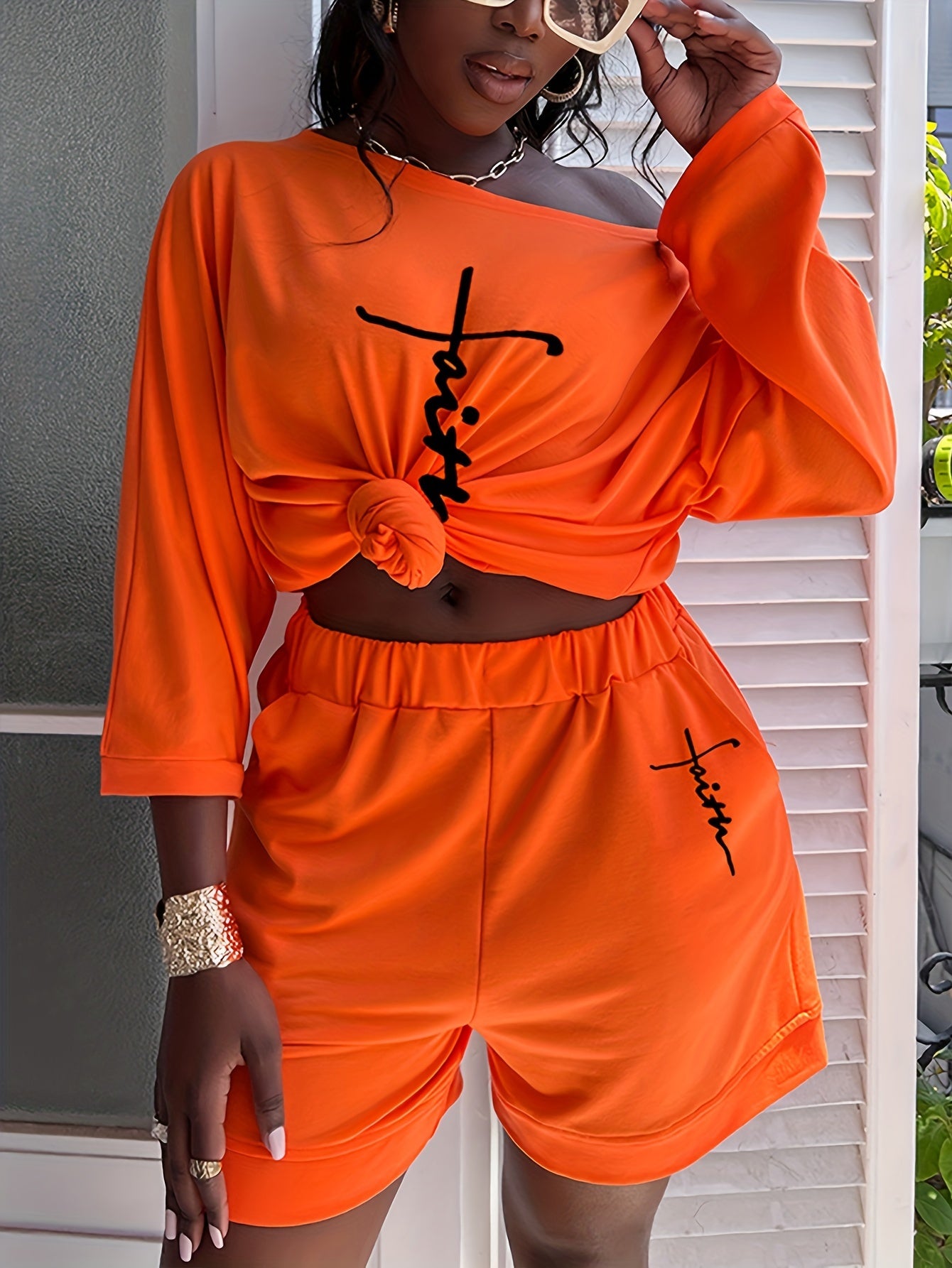 Chic Faith Printed Women's 2-Piece Set – Off-Shoulder Tee & Comfy Drawstring Shorts for Casual Wear