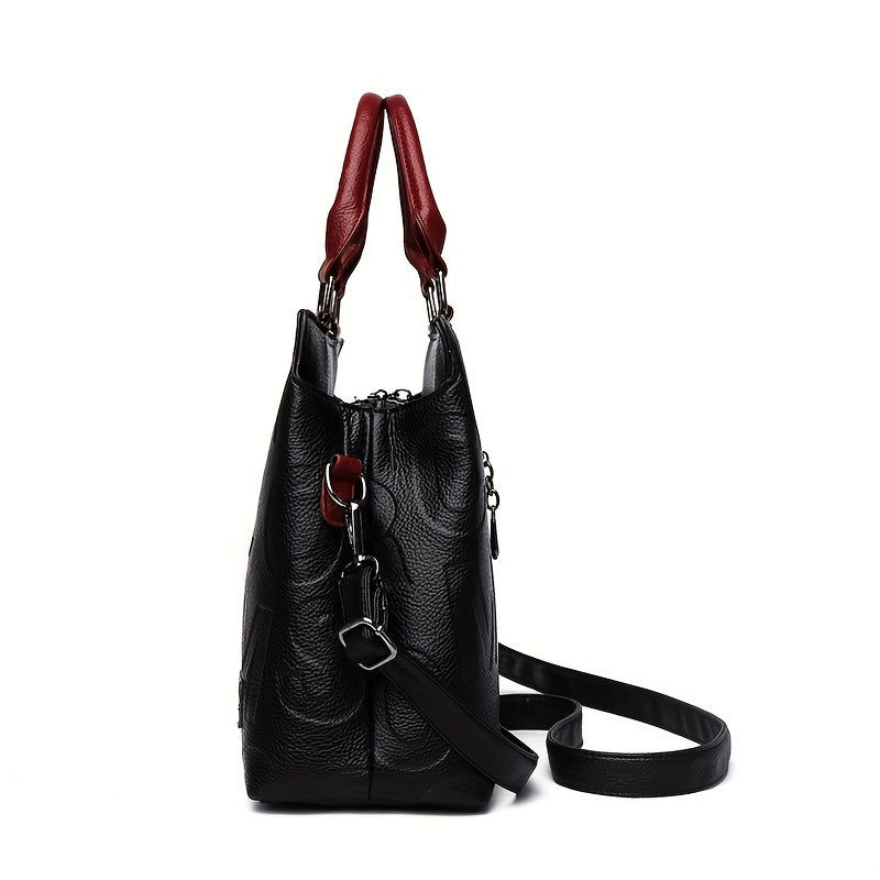 Chic Solid Color Letter-Embossed Handbag – Versatile, Foldable, Secure Zip & Removable Strap, Polyester-Lined for Daily Elegance (8.4x8.6x3.5) Inch