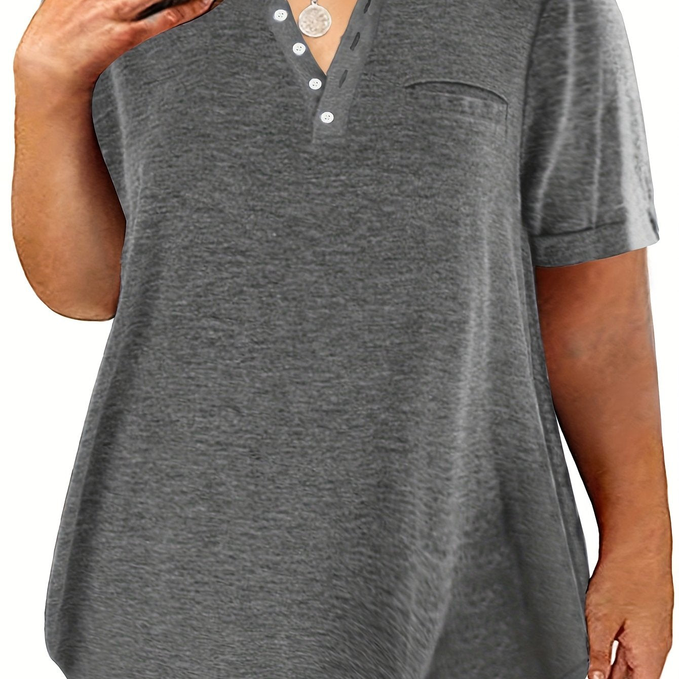 Plus Size Button Front Short Sleeve T-shirt, Women's Plus Slight Stretch Casual Tee