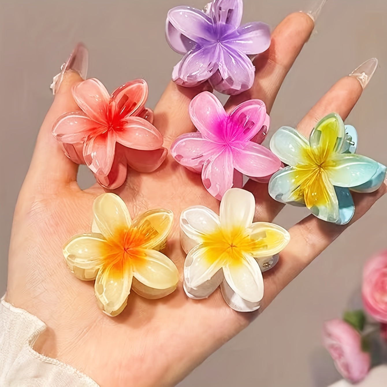 6pcs/1pc Random Color Egg Flower Hairpin, Plastic Fairy Elegant Hairpin, Ideal Gift Choice Gradient Color Flower Hair Claw Clip - Sweet and Elegant Hawaiian Style, Suitable for Women and Girls - Fashion Casual Accessories, Ph