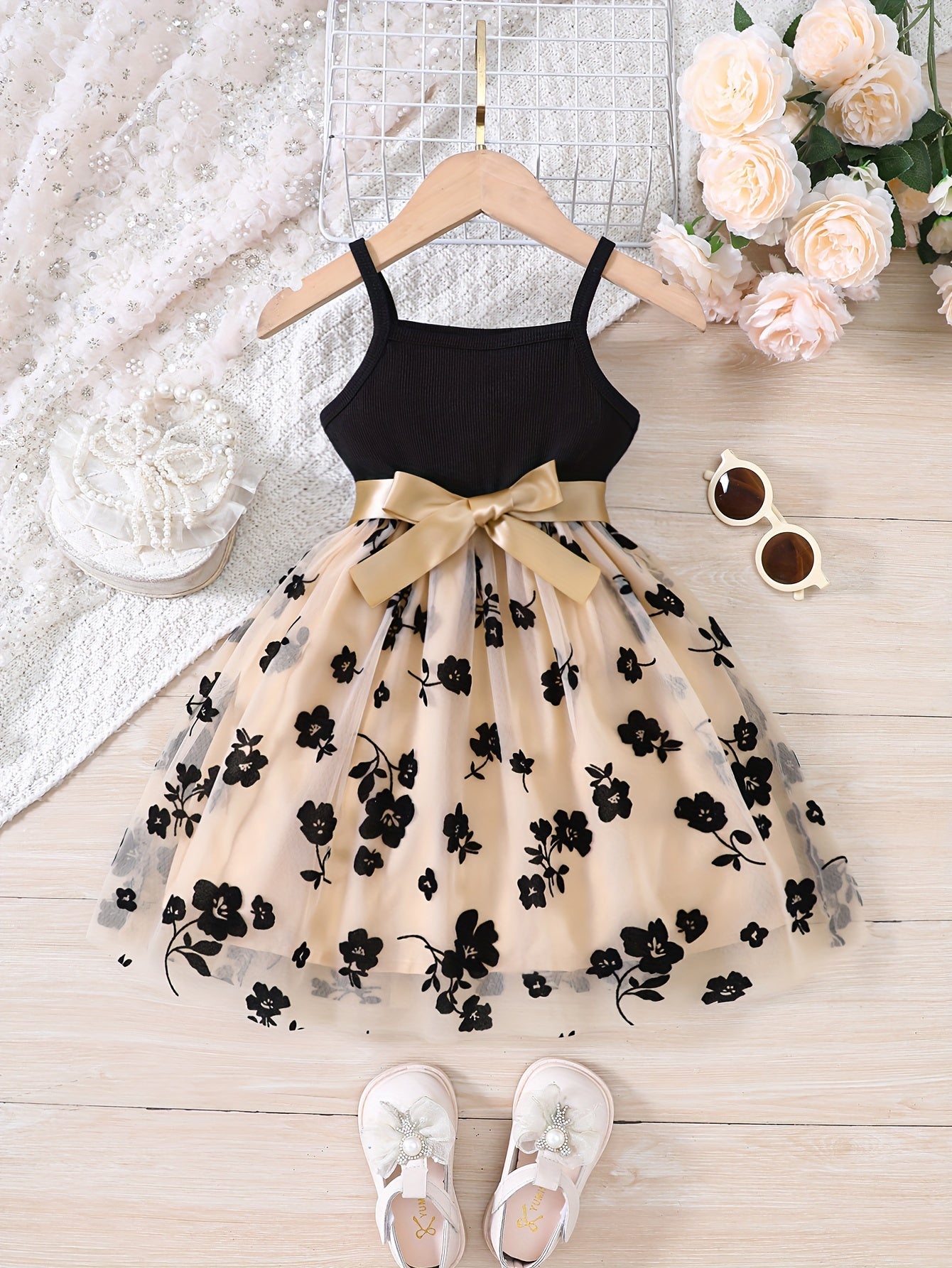Splicing Flower Graphic Cami Tutu Dress Girls Summer Clothes Party Gift