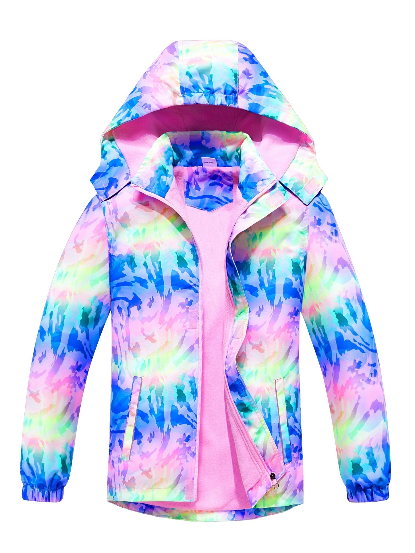 Vibrant Rainbow Camo Rain Jacket for Kids - Waterproof, Lightweight, Hooded, Fleece Lined, Windbreaker Coat with Removable Hood for Outdoor Play - Perfect for Rainy Days and Casual Wear