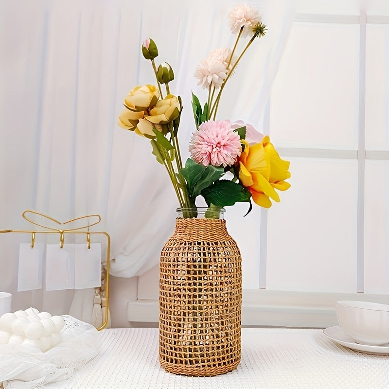 1pc Boho Glass Flower Vase With Rattan Cover, Farmhouse Flower Bud Vase, Round Decorative Flower Vase Floral Container Flower Bottle For Floral Arrangements Housewarming Party Home Decor