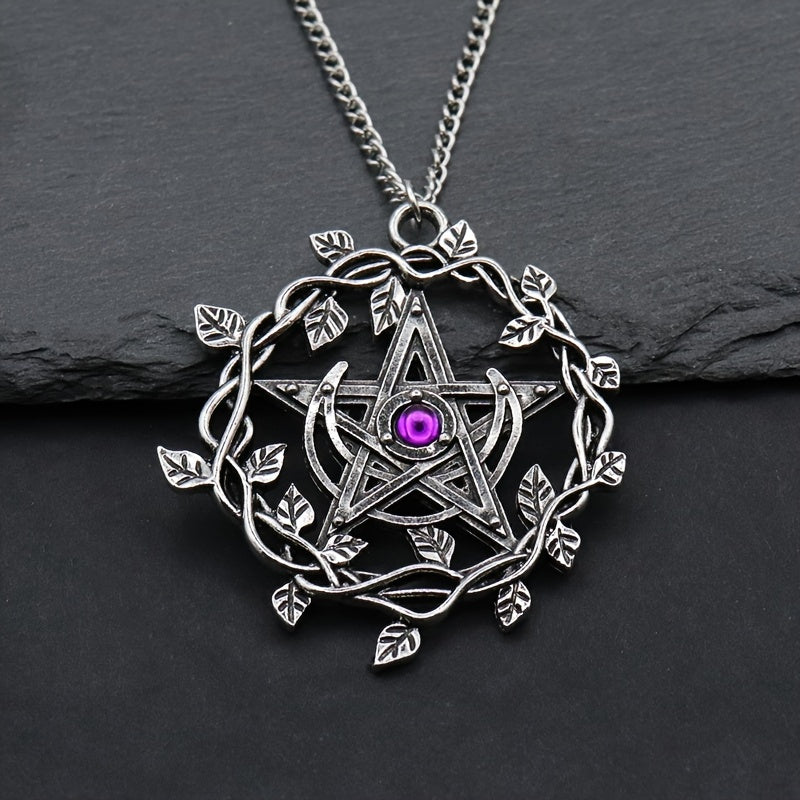Vintage Pentagram Leaf Mosaic Purple Gemstone Pendant Necklace Women Fashion Wedding Party Jewelry Gifts
