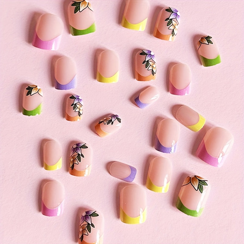 [Popular Choice] 24pcs Short French Colorful Flower Press-On Nails, Full Cover Artificial False Nail Tips with Glossy Finish, Manicure Essentials|Gradient Nail Tips|Glossy Finish Nails, Flash Gradient, Fake Nail, Manicure Ess
