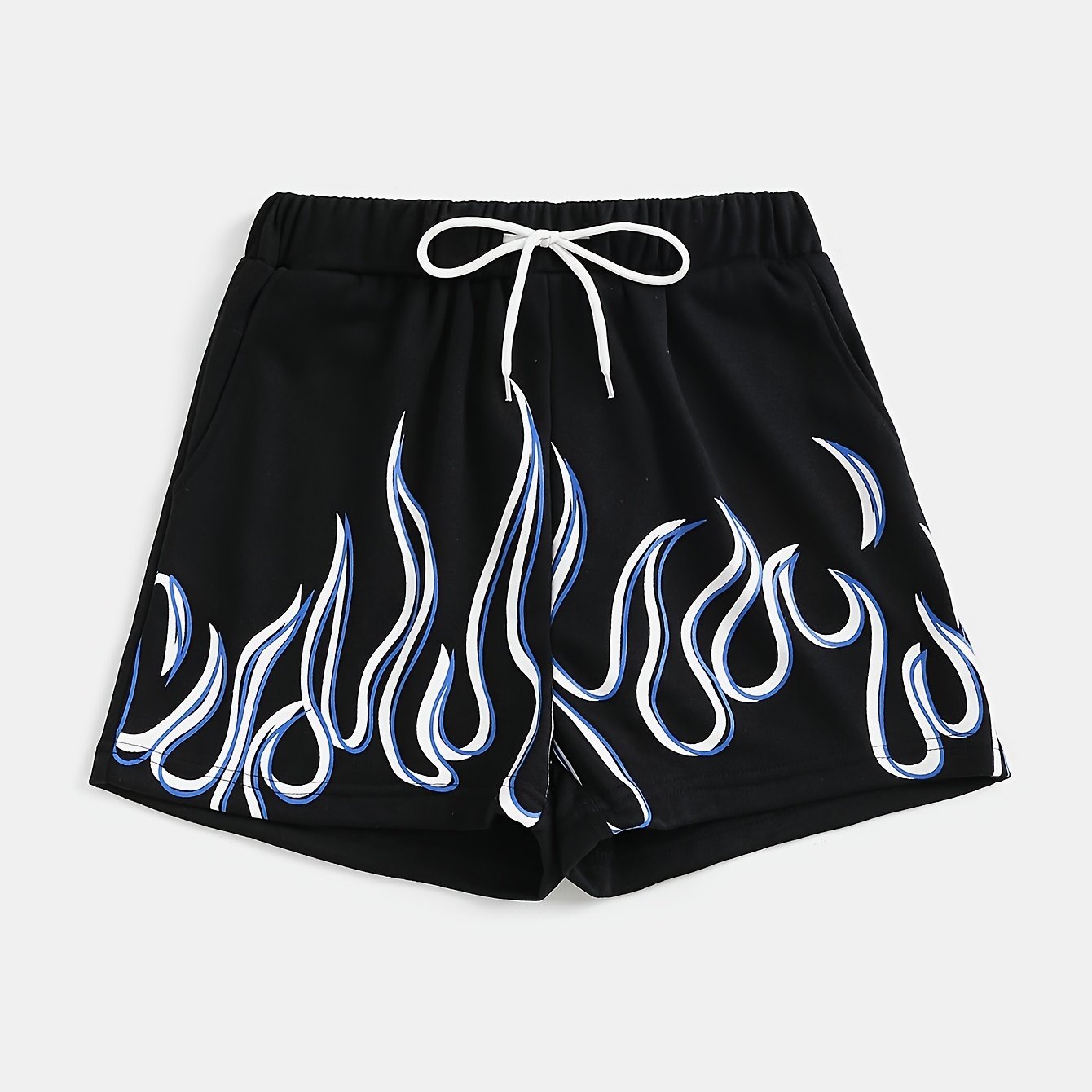 Flame Print Shorts, Drawstring Elastic Waist Casual Shorts For Spring & Summer, Women's Clothing