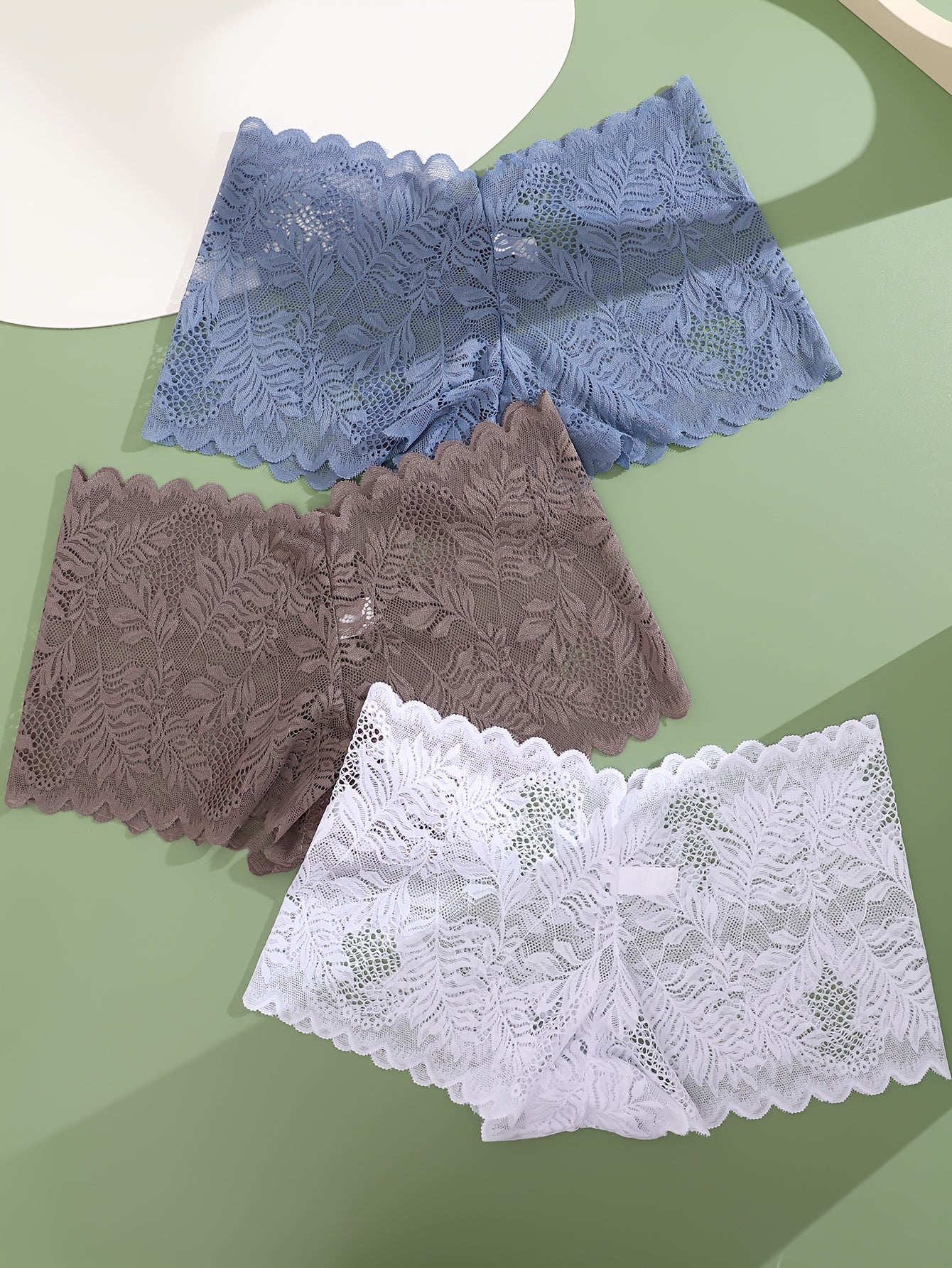 3pcs FINETOO Women's Sexy Low-Rise Lace Boyshort Panties - Breathable, Stretchy Nylon Blend with Floral Pattern, Scalloped Trim in Black, White, & Pinkish-Beige