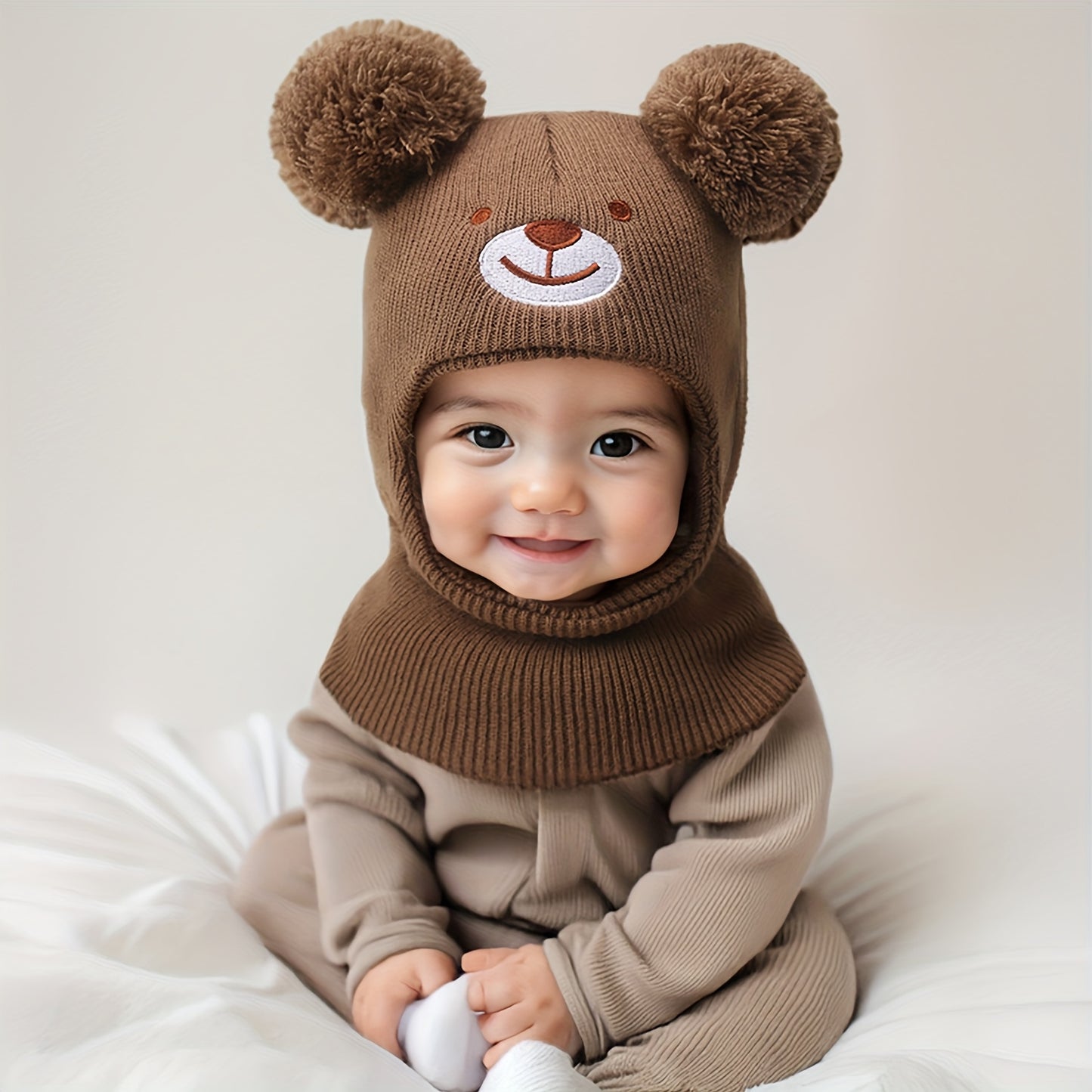 1pc 0-8 Years Baby Bear Ear Balaclava Mask & Beanie Hat - Cute White Winter Ski Mask with Ears, Soft Knit-like Texture for Boys & Girls, Warm Toddler Accessory (Brown/Pink/Black) - Hand Washable Kids Clothing