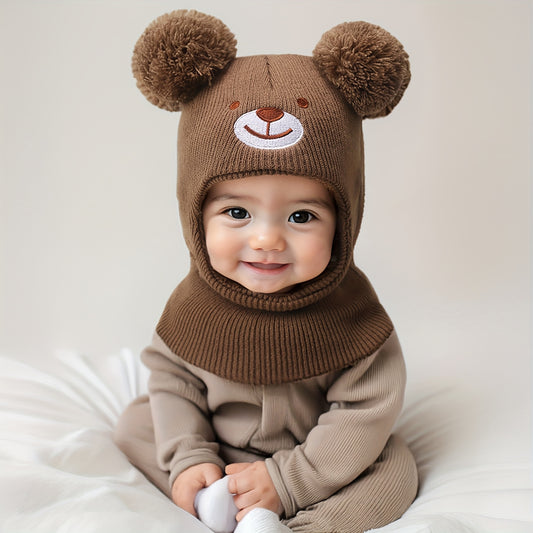 1pc 0-8 Years Baby Bear Ear Balaclava Mask & Beanie Hat - Cute White Winter Ski Mask with Ears, Soft Knit-like Texture for Boys & Girls, Warm Toddler Accessory (Brown/Pink/Black) - Hand Washable Kids Clothing