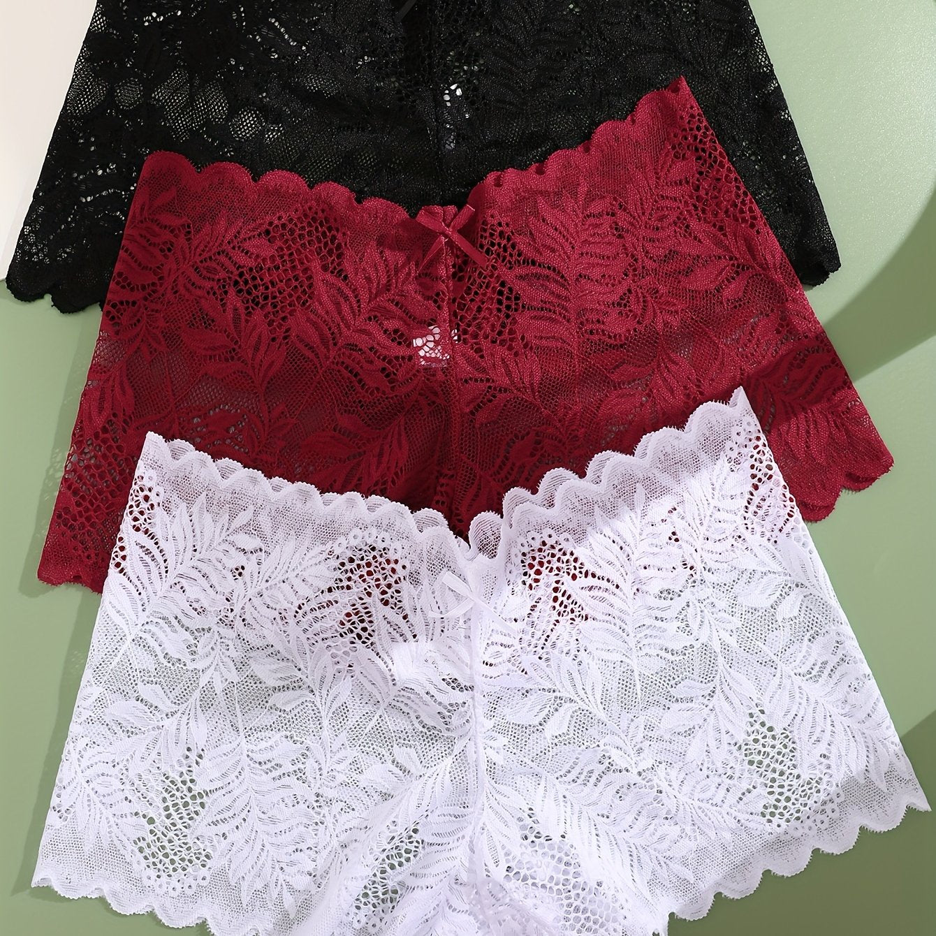 3pcs FINETOO Women's Sexy Low-Rise Lace Boyshort Panties - Breathable, Stretchy Nylon Blend with Floral Pattern, Scalloped Trim in Black, White, & Pinkish-Beige