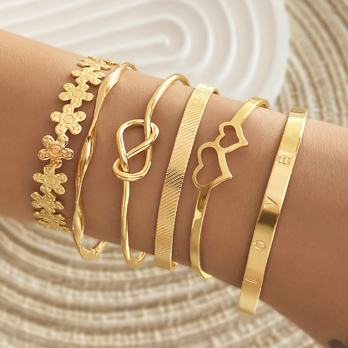 6pcs Chic Bracelets Trendy Flower/ Knot/ Heart Design Mix And Match For Daily Outfits Party Accessories Adjustable Jewelry