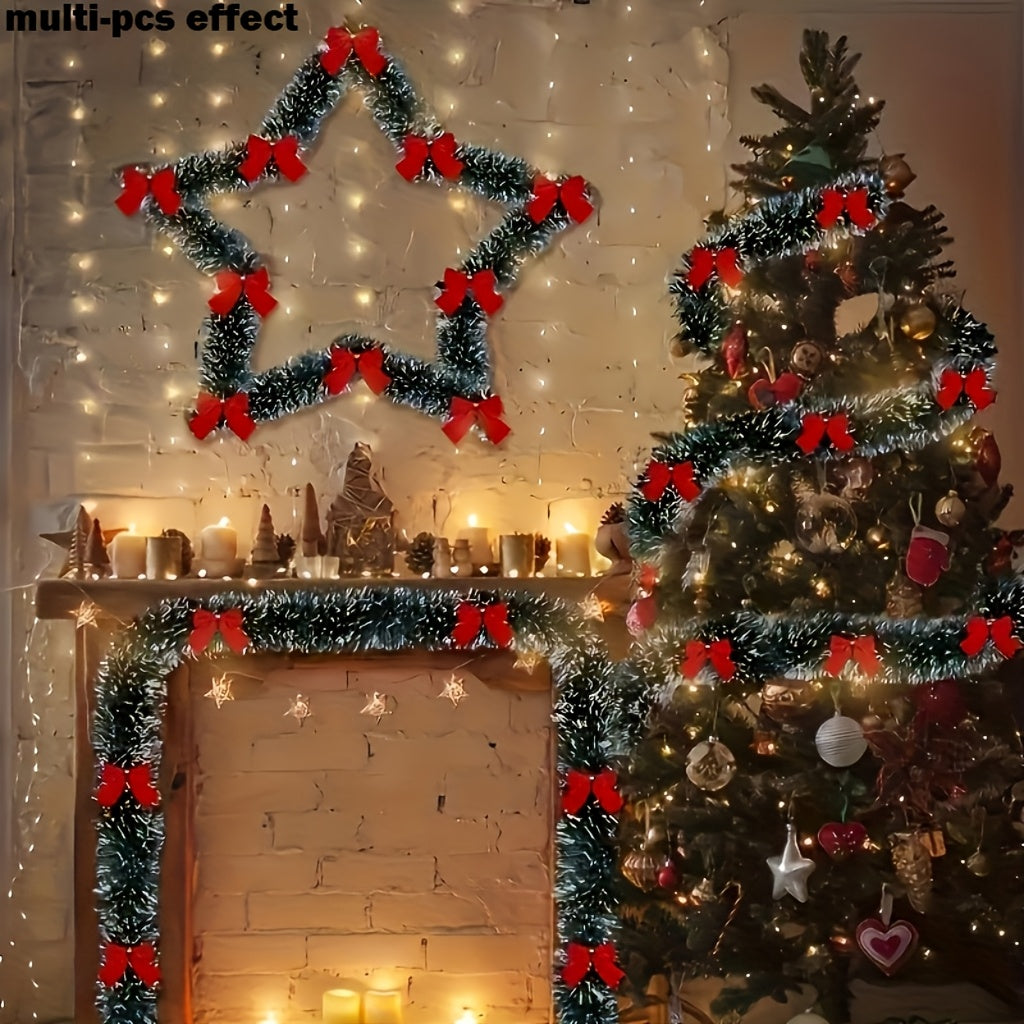 2-Piece Bow Christmas Rattan Garland, Total Length 10.0 meter, 1-Piece 196.85-Inch Dark Green and White Snowflake Christmas Flower Vine Decoration, No Lights Artificial Wreath for Indoor/Outdoor Use, High-Quality Soft Green H