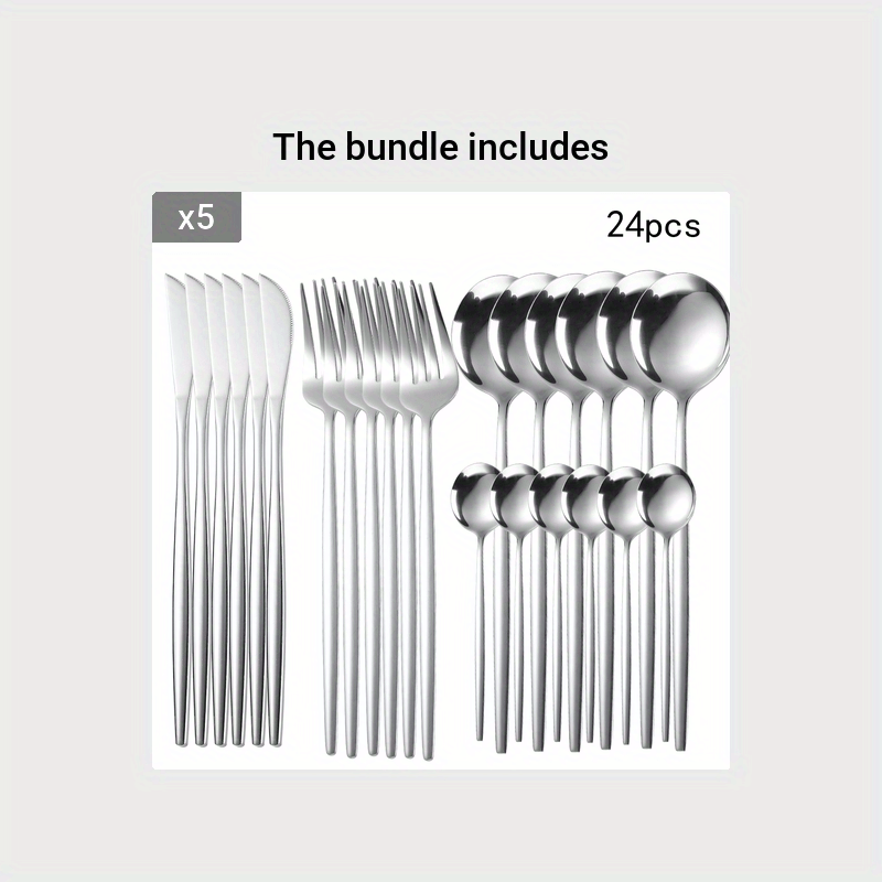 24-Piece Stainless Steel Portuguese Cutlery Set - Golden Western Steak Knife, Fork, and Spoon for Family Restaurant, Dishwasher Safe, Eid Al-Adha Gift - Durable Tabletop Serveware for Food Service Equipment & Supplies