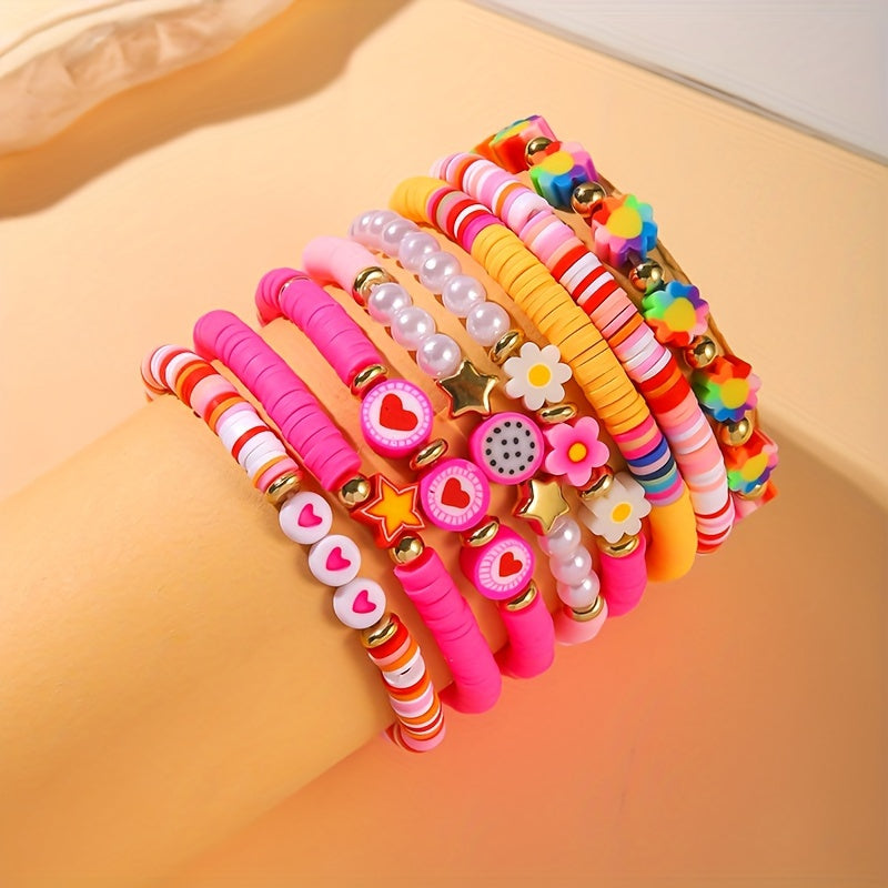 [Sweet Cute Bracelet Set] 8pcs Sweet Cute Pink Soft Clay Bracelet Set | Dragon Fruit Flower Heart Element for Women - Perfect for Valentine's Day and Music Festivals