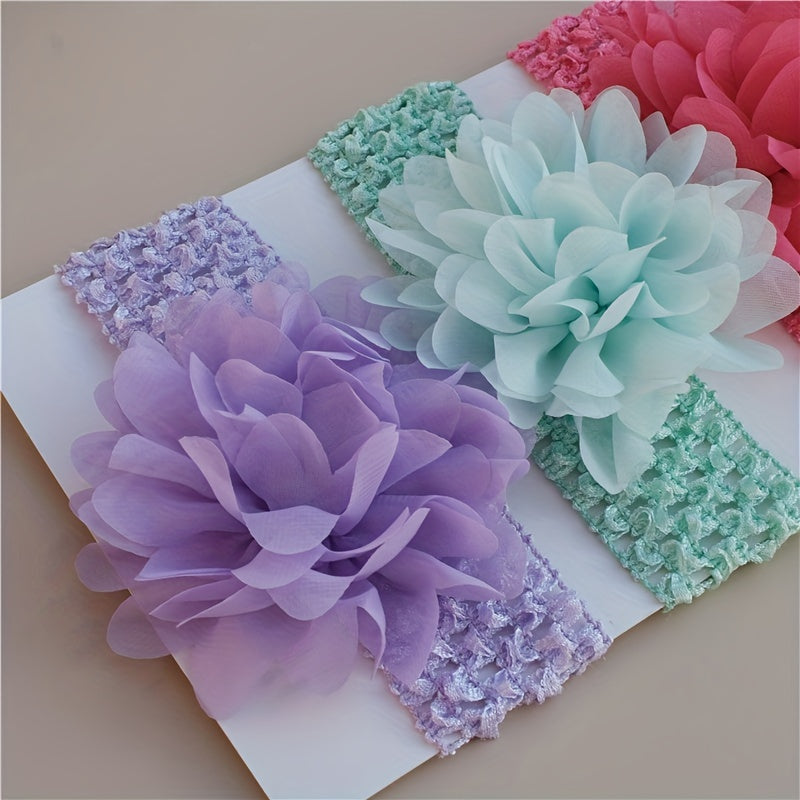 4pcs Cute Chiffon Flower Knit Headband, Soft Comfortable Breathable Elastic Headband, Decorative Hair Accessories Photography Props For Baby Girls