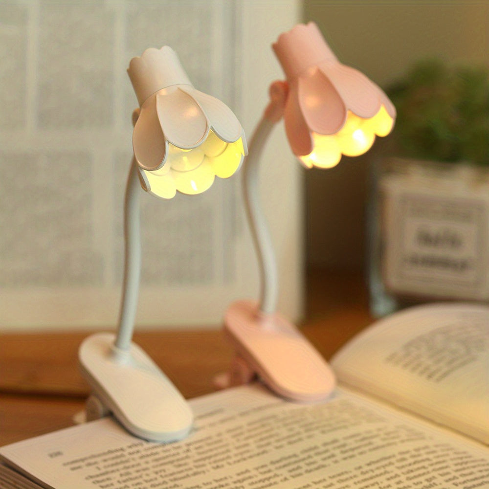 1/2/3pcs MINI Arm Adjustable LED Horn Flower Book Light - Battery-Powered Desk Lamp with Pink & White Design, Perfect for Reading at night, or Desktop Decoration, Portable reading Lighting, Desk Lamps for Home Office,mini boo