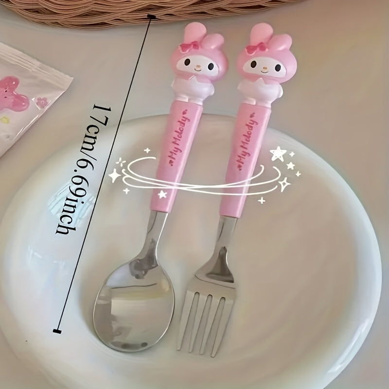 Sanrio Cute Cartoon 2pcs Tableware Suit-Stainless Steel Portable Travel Fork and Spoon with Cute Character Handle, Outdoor Eating Essentials, Onthego Dining, Fun Utensils, Stylish Cutlery, Polished Finish, Highquality Steel,