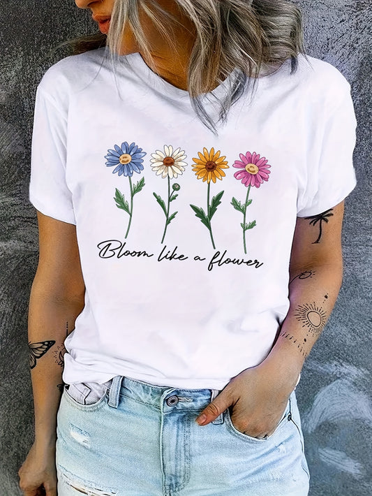Cute Flower & Letter Print Casual T-shirt, Crew Neck Short Sleeve Top For Spring & Summer, Women's Clothing