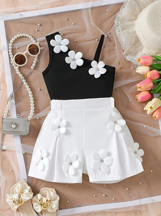 Girls' Fashionable 3D White Floral Off-Shoulder Top + 3D Flower Decorated Shorts Set, Perfect for Outdoor