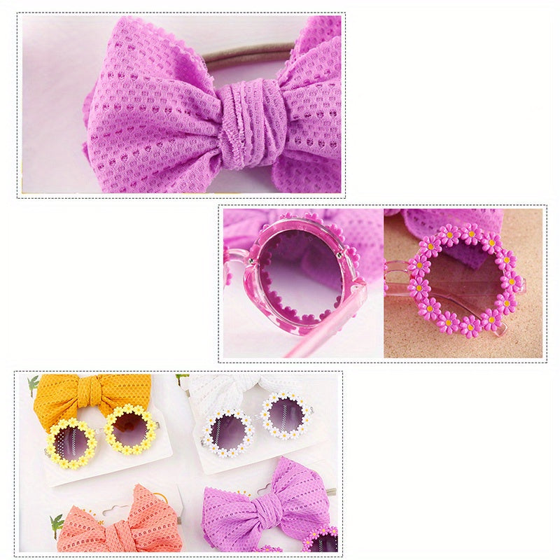 Cute Outdoor Beach Baby Girl Gift Set - 2 Pieces Butterfly Tie Hair Band & Round Flower Fashion Glasses!
