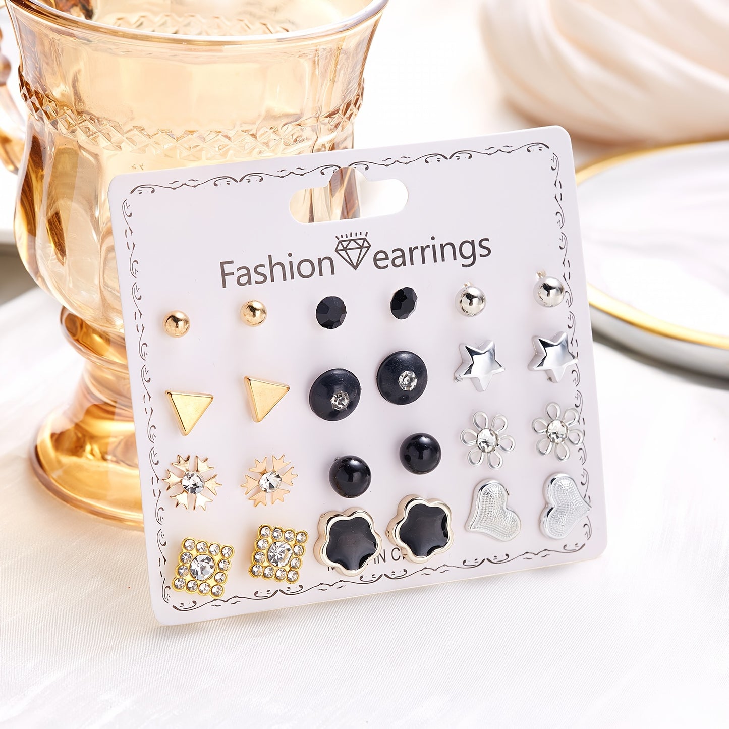 12Pairs/Set Flower Faux Pearl Heart Strawberry Stud Earrings Set, Simple Golden Earrings For Girls, Daily Week Earrings Set, Ideal choice for Gifts