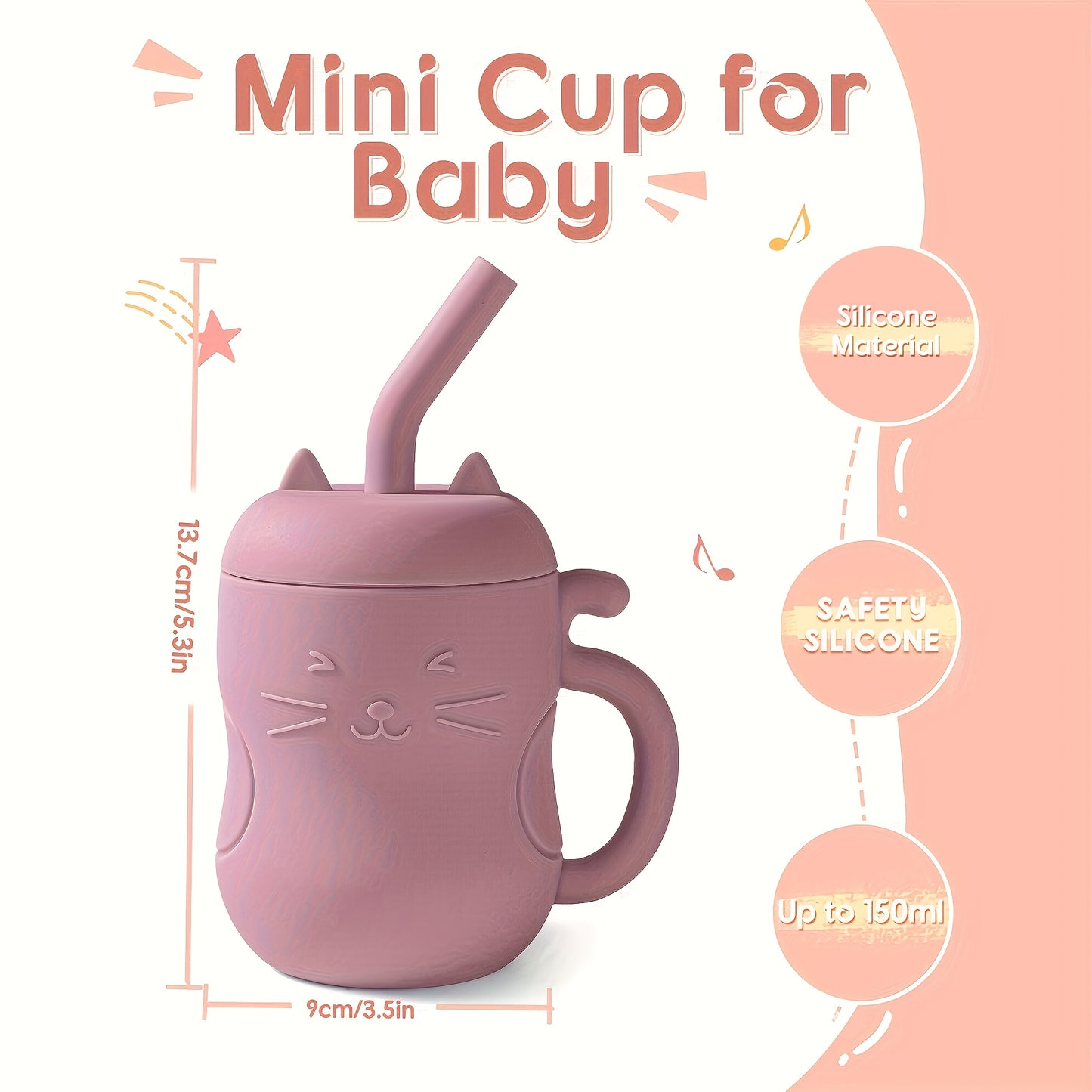 TYRY.HU Baby Learning Cup with Straw & Lid - Leak-Proof Soft Silicone Training Cup Suitable for, Feeding, Lid & Straw, Cute Cat, Easy to Clean, (4 Colors: ///)