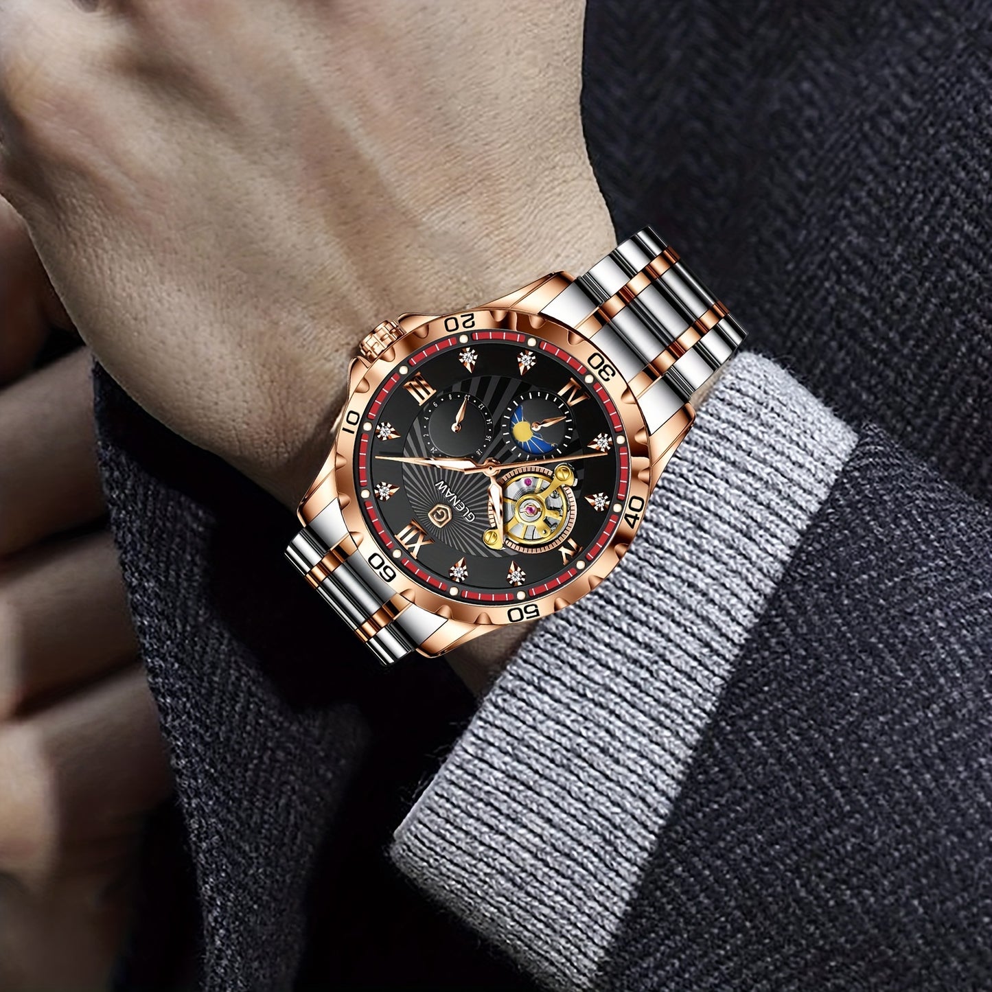 Men's Luxury Skeleton Automatic Watch - Waterproof Stainless Steel Strap, Self-Winding Mechanical Movement, Ideal Gift for Him, Business, Anniversary, or Special Occasions