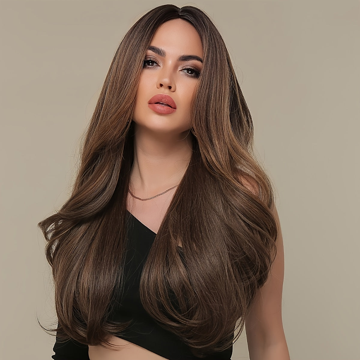 Long Wavy Brown Wig - Natural Style Synthetic Wig with Bangs and Curly Hair for Women