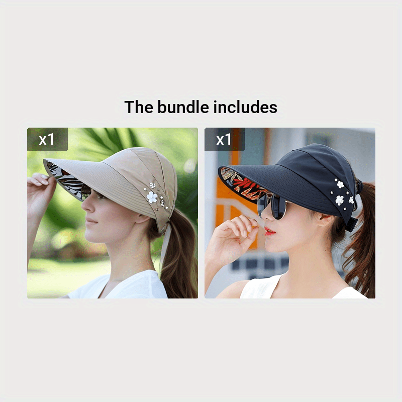 Chic Foldable Beaded Flower Sun Hat - Stylish Knitted Women's UV Protection Visors, Durable And Comfortable Outdoor Wear